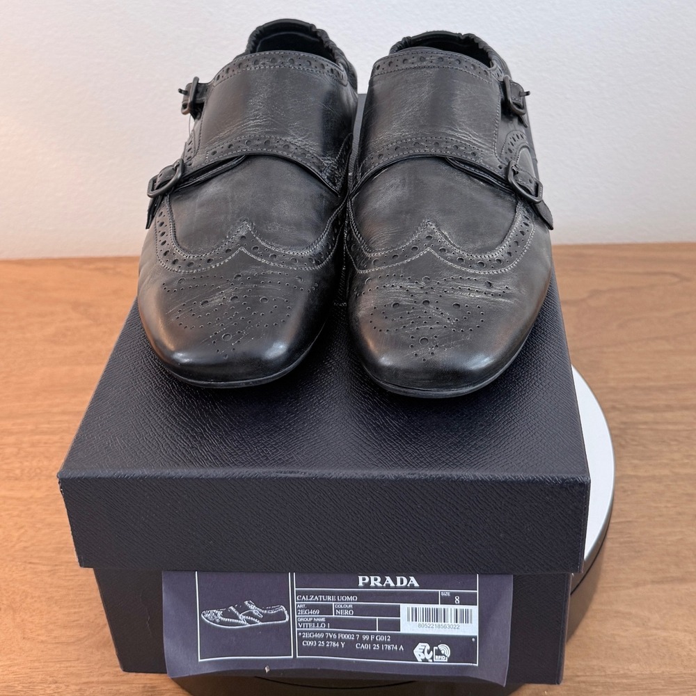 Prada 2EG469 Mens Leather Double Monk Strap Wingtip Shoes Grey Black UK 8